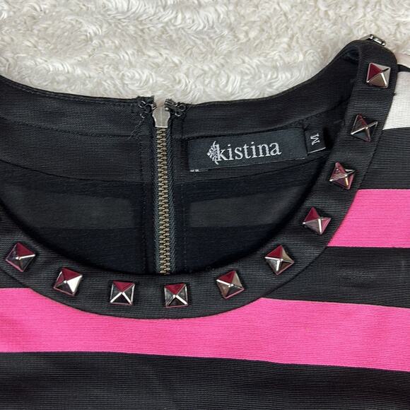 Kistini geometric sripe fit and flare silver stud collar dress, size medium - Picture 8 of 13